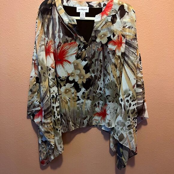 PECK & PECK Butterfly style embellished top blouse brown yellow top - Picture 1 of 8